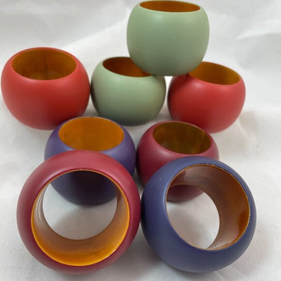 Set of 8 Colorful Wooden Napkin Rings – Made in India – Boho Table Decor Accent - Picture 3 of 4